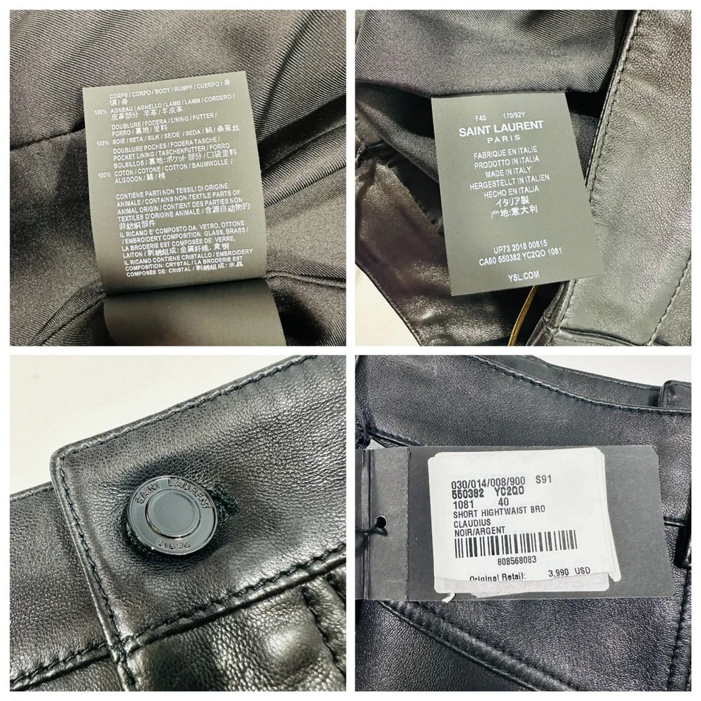 YSL Saint Laurent High Rise Embellished Embroidered Lambskin Leather Shorts - Picture 15 of 15